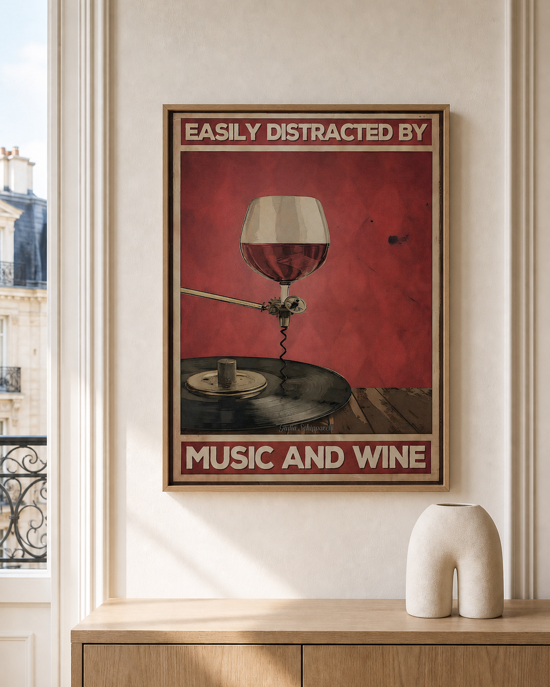 “Easily distracted by music and wine” — cotton-linen canvas, lifestyle A