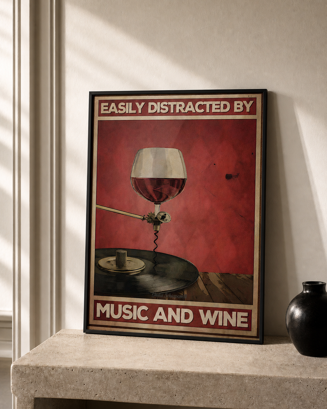 “Easily distracted by music and wine” — cotton-linen canvas, lifestyle B