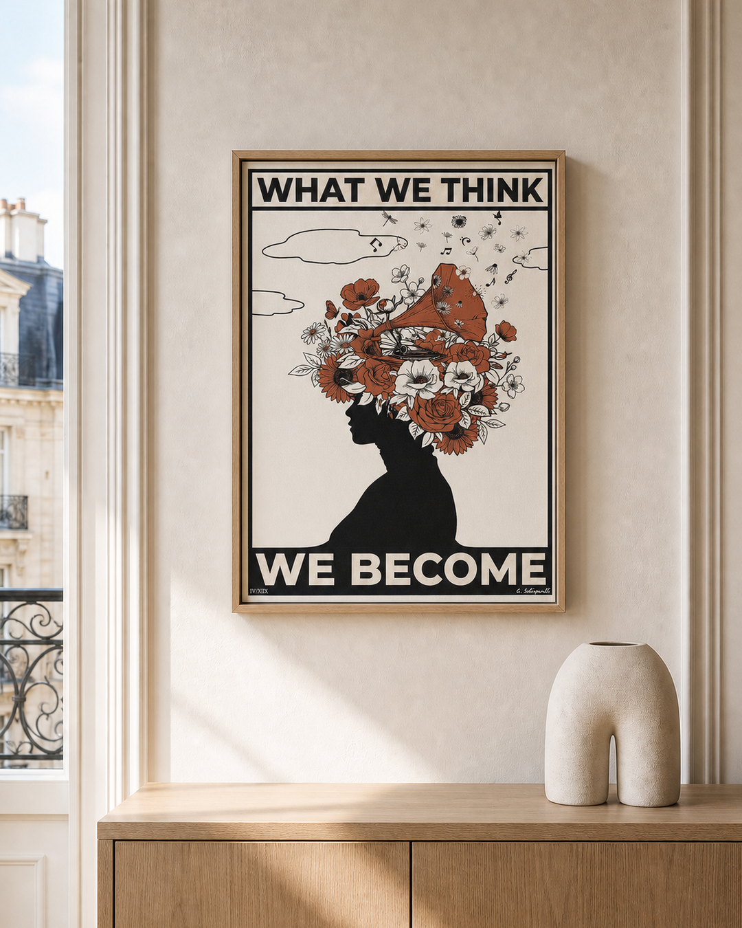 “What we think, we become — Atelier” — cotton-linen canvas, lifestyle A