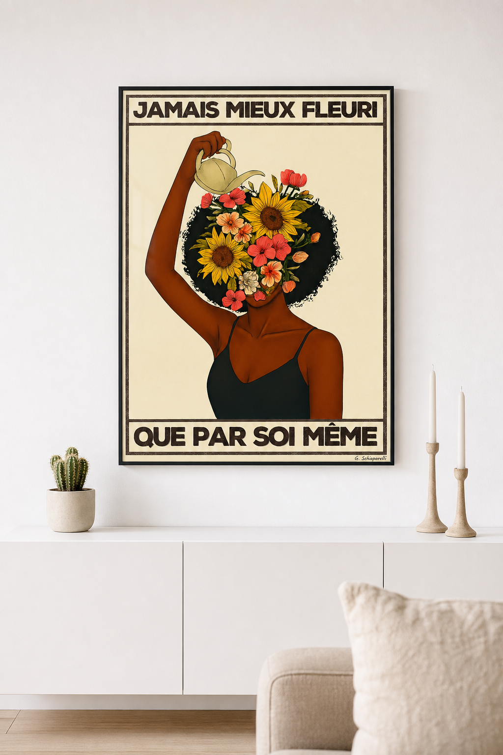 « Jamais mieux fleuri que par soi-même — Crème & Sable » — Art Print encadré, mise en situation 2
