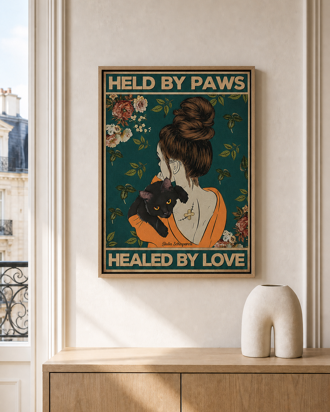 “Held by paws, healed by love” — cotton-linen canvas, lifestyle A
