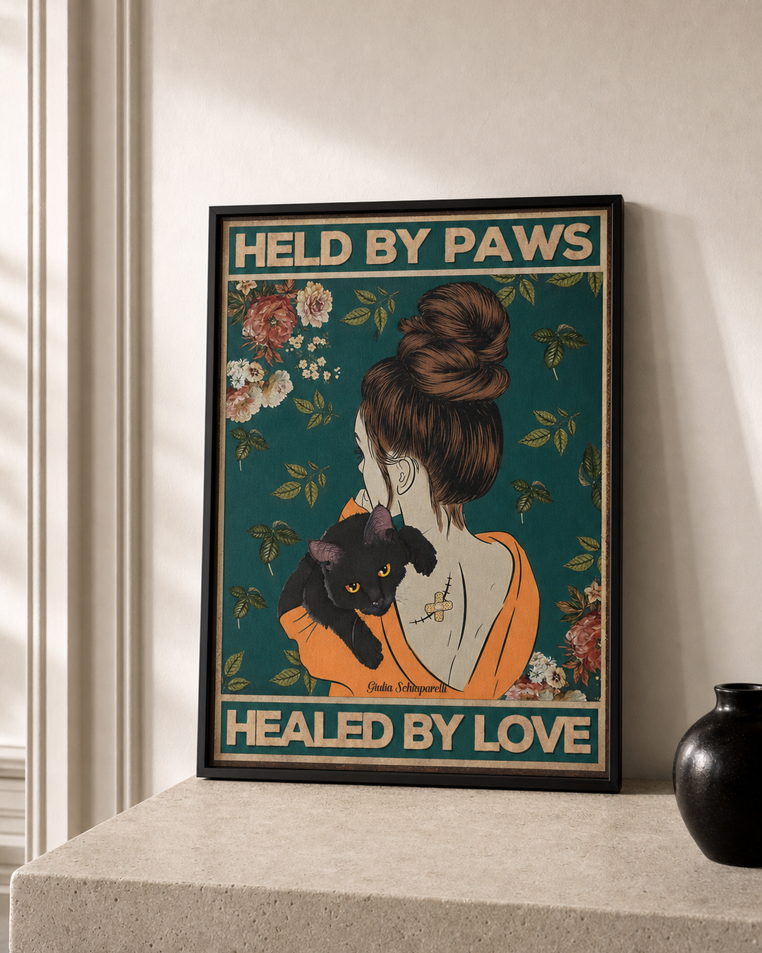 “Held by paws, healed by love” — cotton-linen canvas, lifestyle B