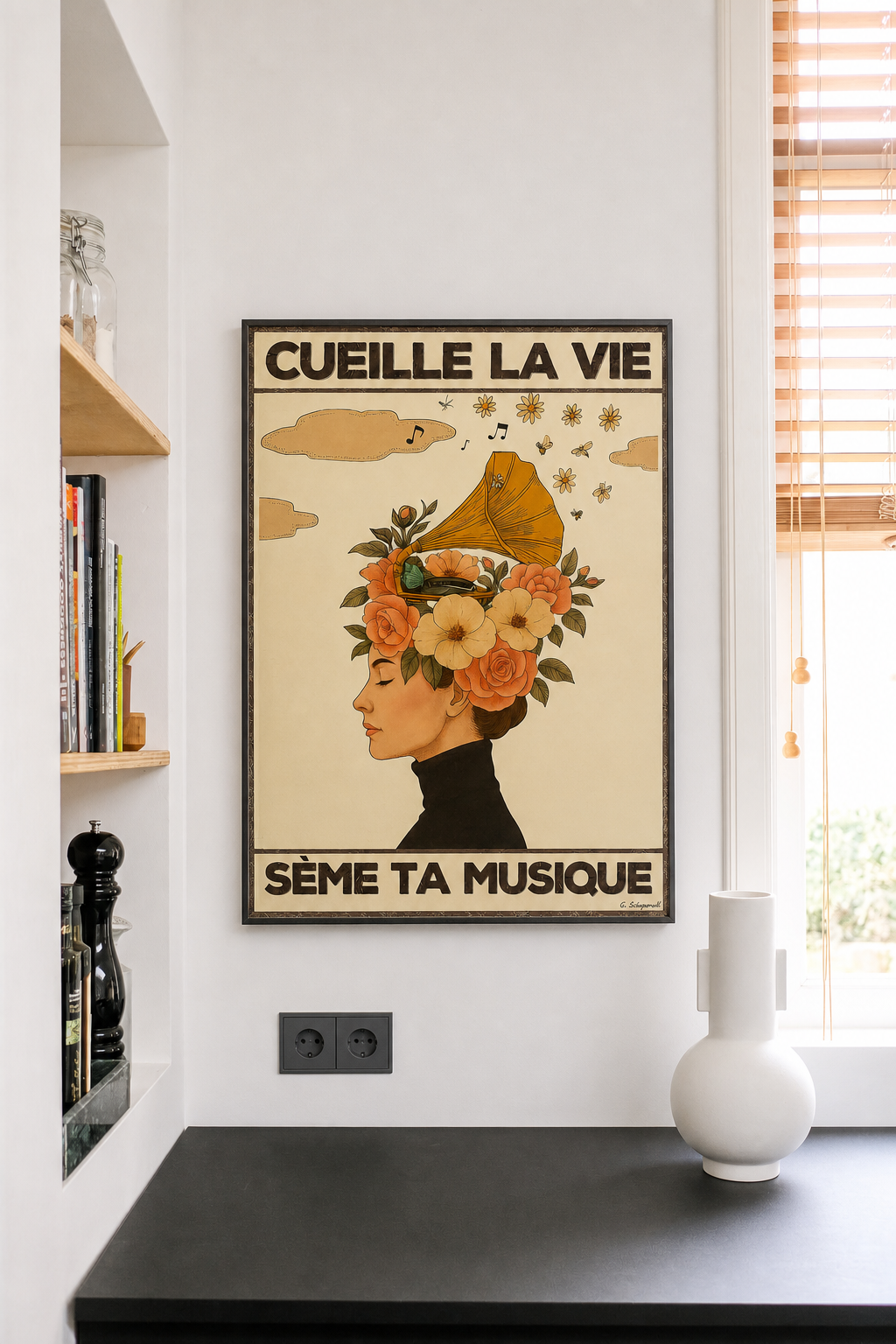 « Cueille la vie, sème ta musique — Crème & Sable » — Art Print encadré, mise en situation 1