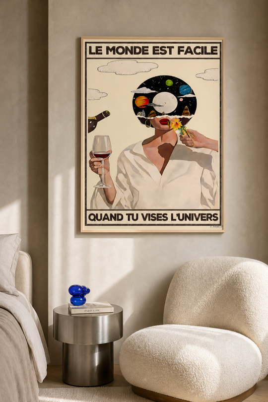 « Le monde est facile quand tu vises l'Univers — Crème & Sable » — Art Print encadré, mise en situation 1