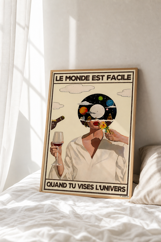 « Le monde est facile quand tu vises l'Univers — Crème & Sable » — Art Print encadré, mise en situation 2