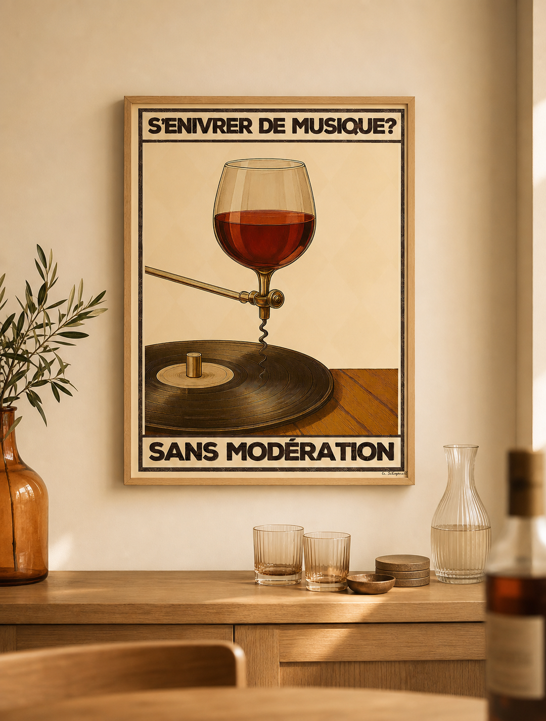« S'enivrer de musique? Sans modération — Crème & Sable » — Art Print encadré, mise en situation 1