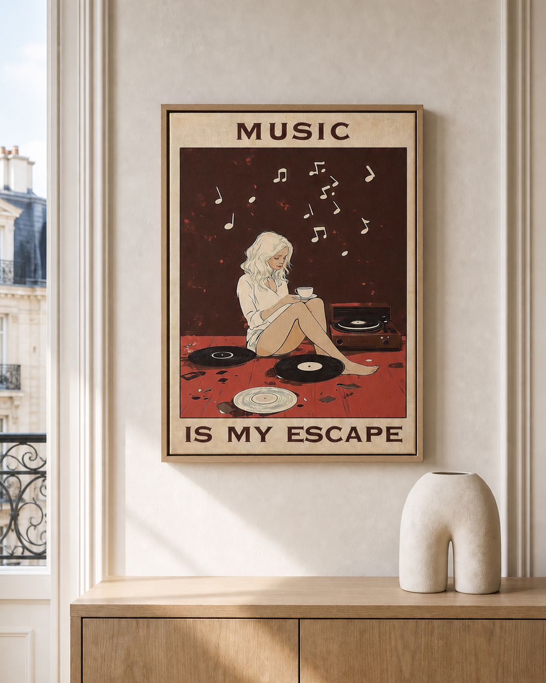 “Music is my escape” — cotton-linen canvas, lifestyle A