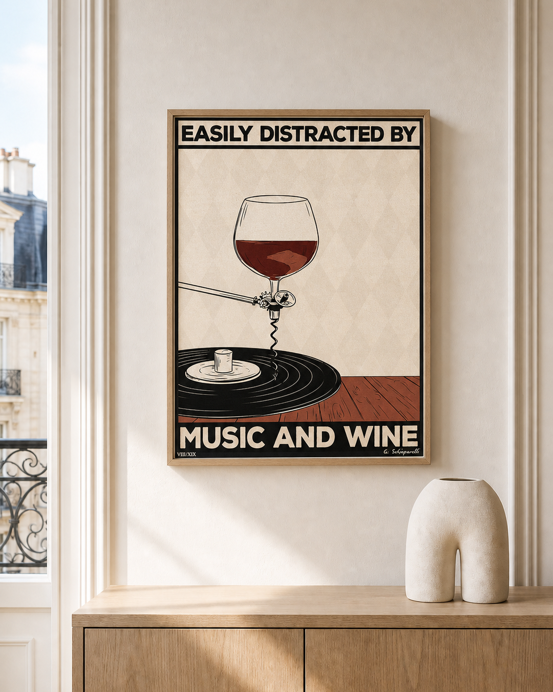 “Easily distracted by music and wine — Atelier” — cotton-linen canvas, lifestyle A
