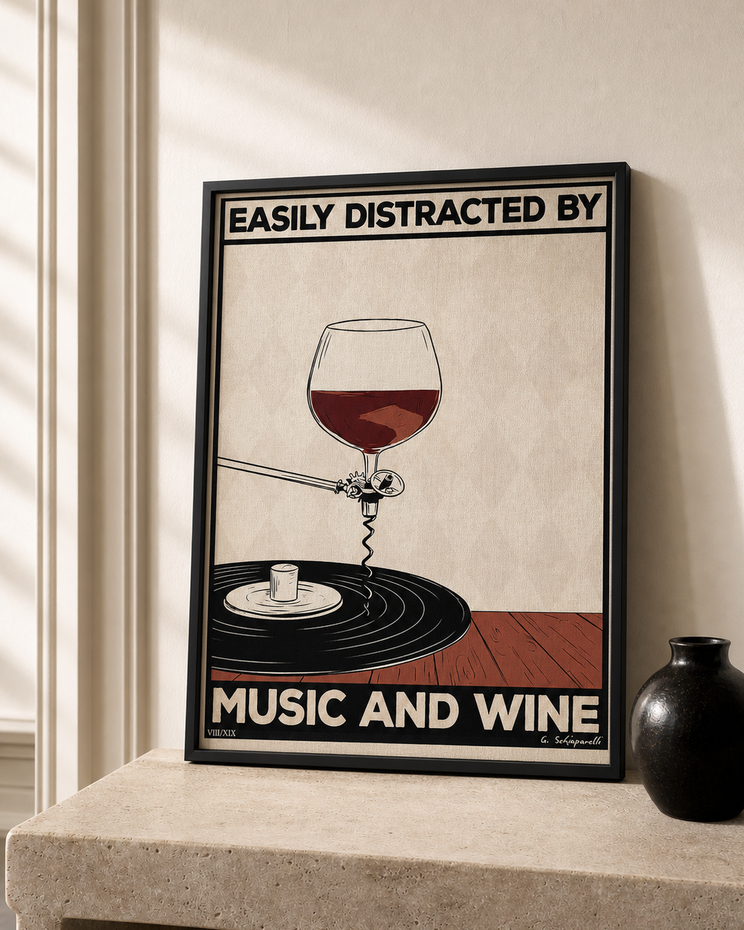 “Easily distracted by music and wine — Atelier” — cotton-linen canvas, lifestyle B