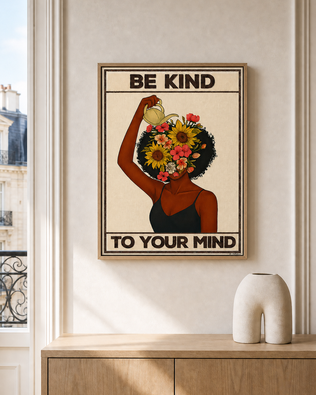 “Be kind to your mind — Crème & Sable” — cotton-linen canvas, lifestyle A