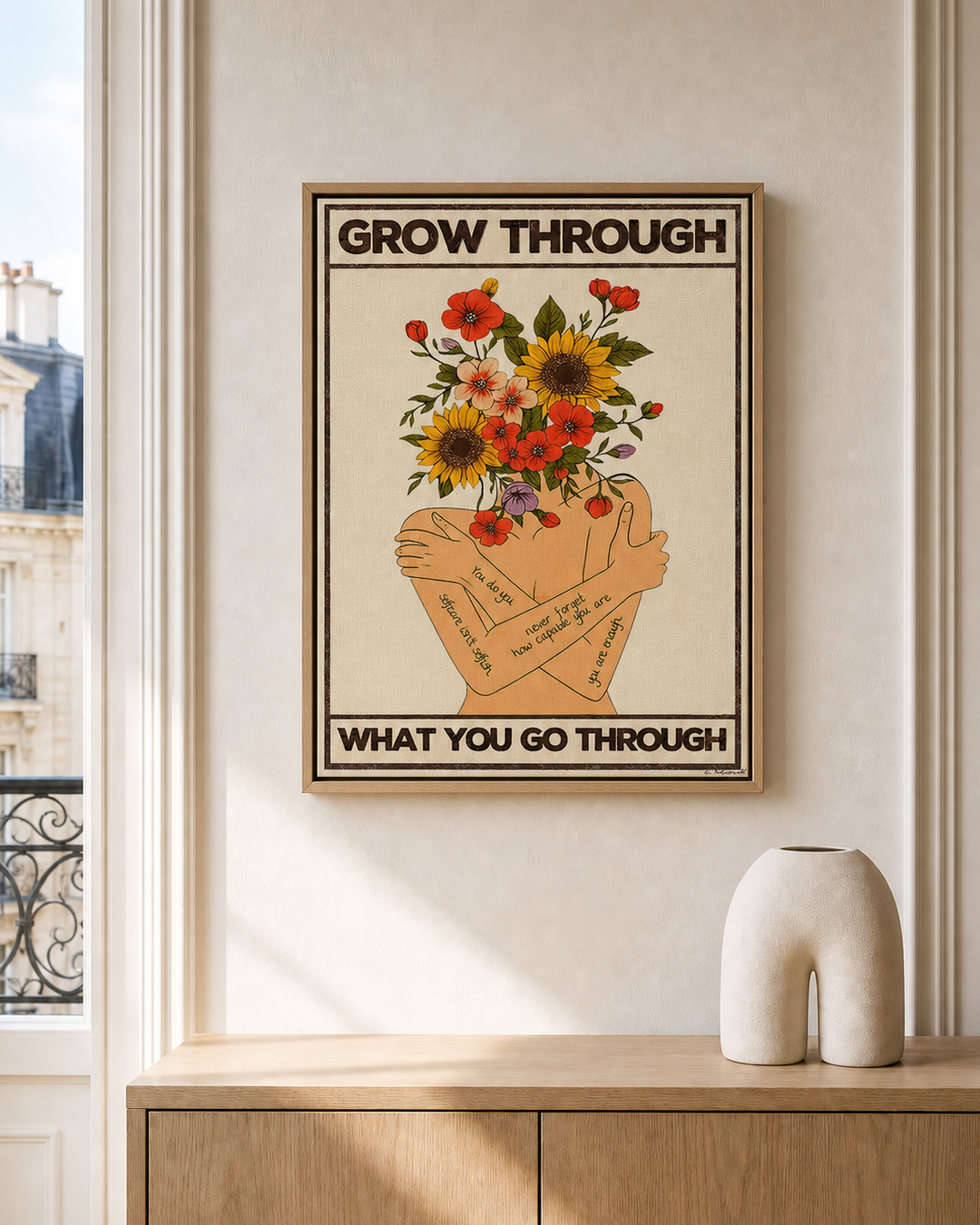 “Grow through what you go through — Crème & Sable” — cotton-linen canvas, lifestyle A