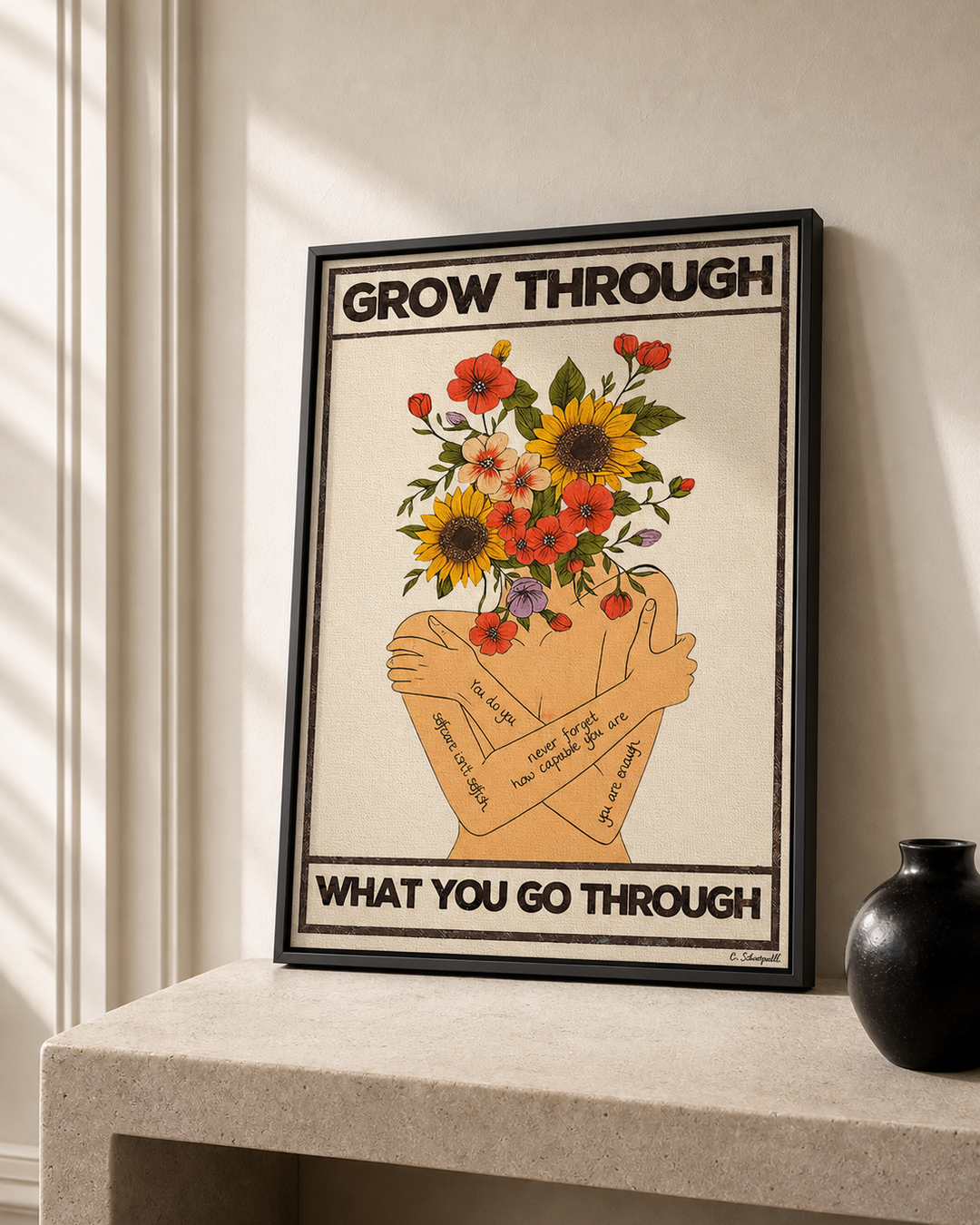 “Grow through what you go through — Crème & Sable” — cotton-linen canvas, lifestyle B