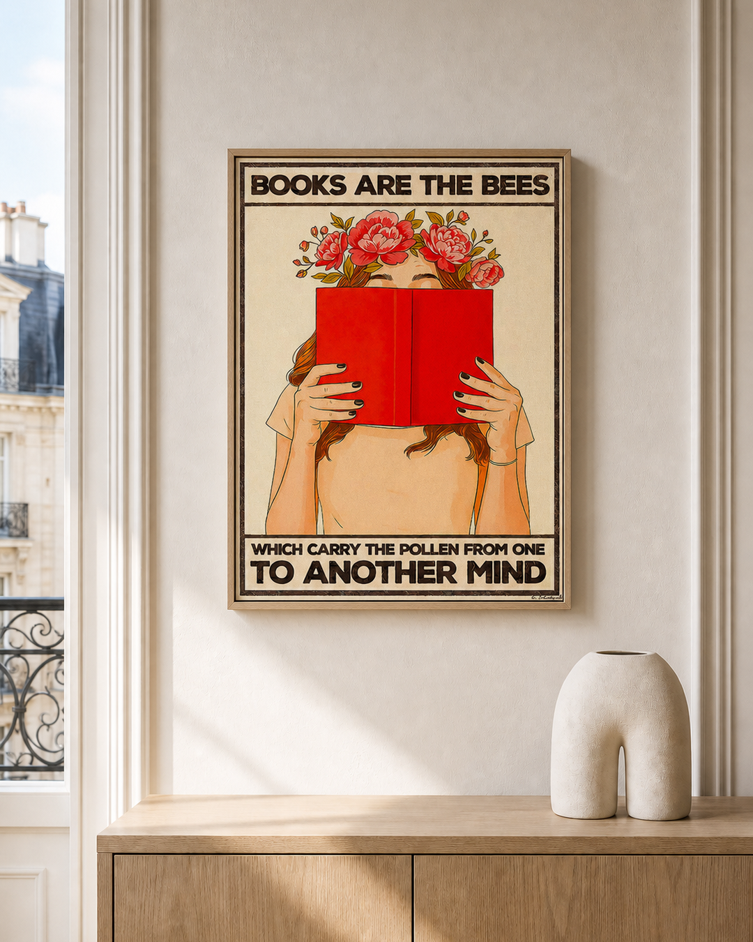 “Books are the bees which carry the pollen from one to another mind — Crème & Sable” — cotton-linen canvas, lifestyle A