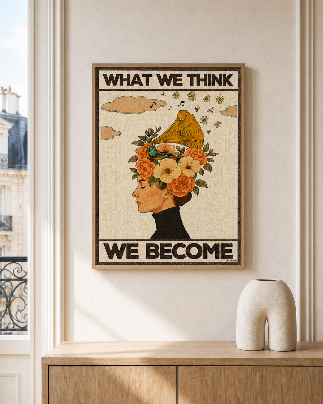 “What we think, we become — Crème & Sable” — cotton-linen canvas, lifestyle A
