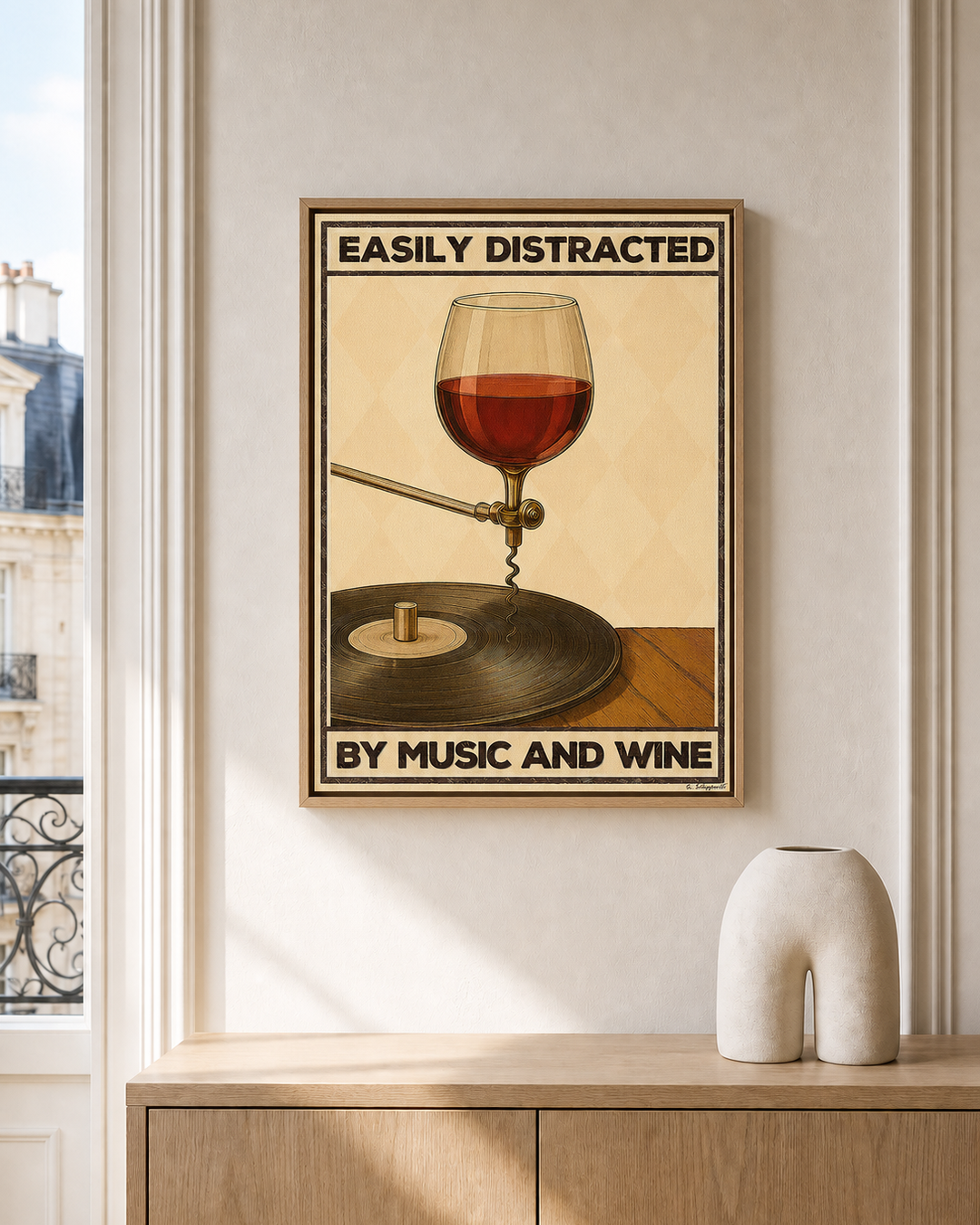 “Easily distracted by music and wine — Crème & Sable” — cotton-linen canvas, lifestyle A