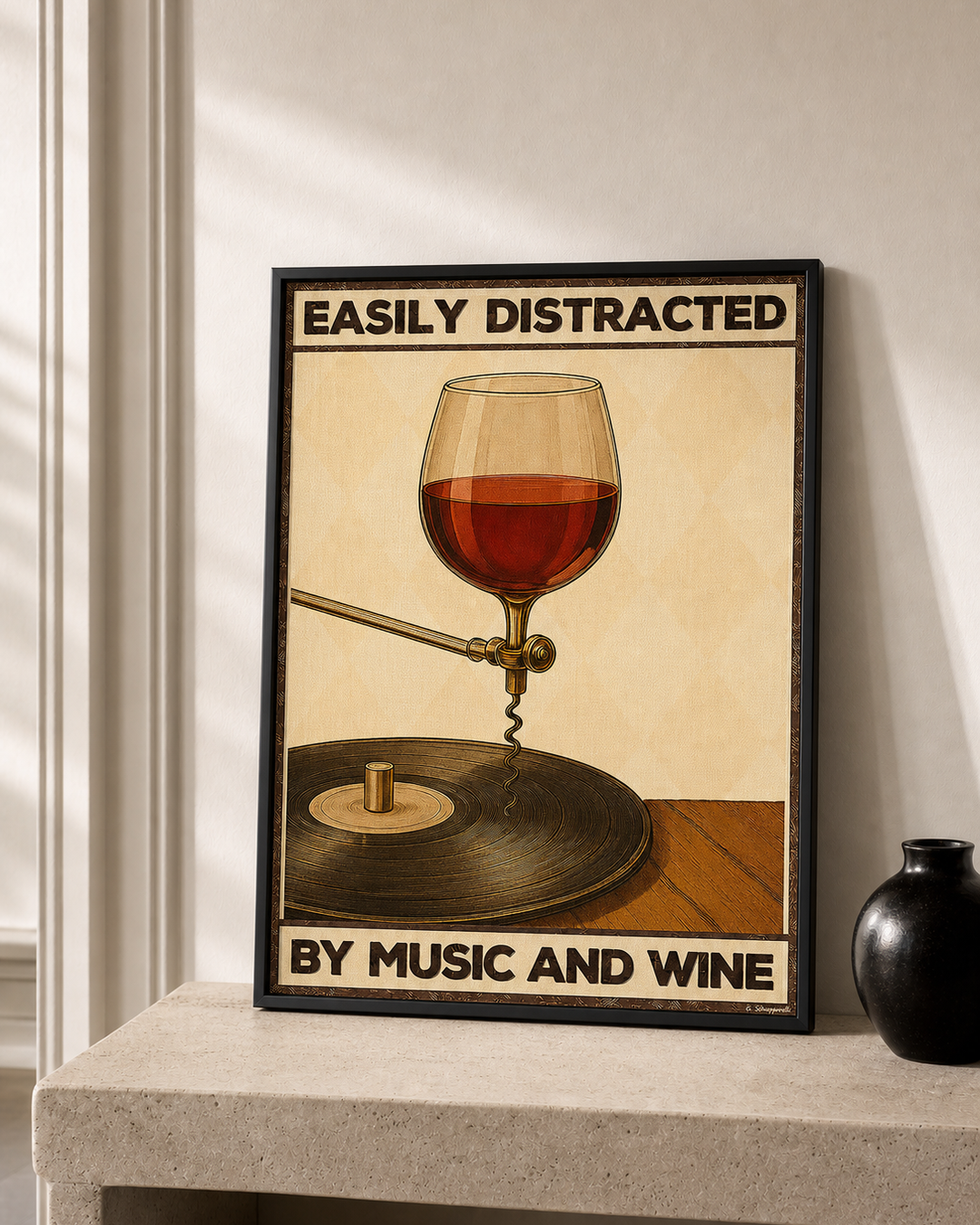 “Easily distracted by music and wine — Crème & Sable” — cotton-linen canvas, lifestyle B