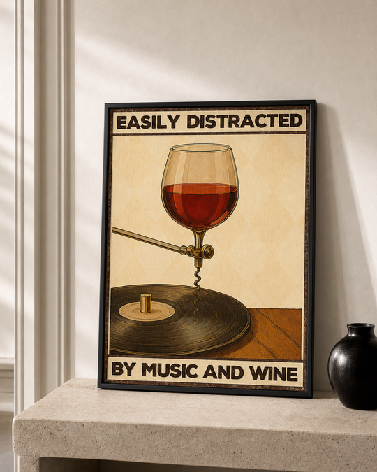 “Easily distracted by music and wine — Crème & Sable” — cotton-linen canvas, lifestyle B