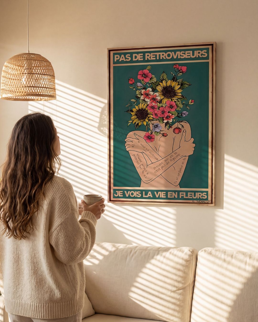 « Pas de rétroviseurs, je vois la vie en fleurs » — dimensions et échelle de la toile dans un intérieur