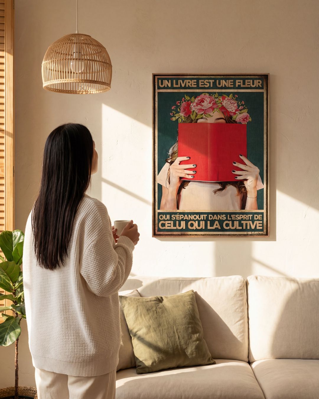 « Un livre est une fleur qui s'épanouit dans l'esprit de celui qui la cultive » — dimensions et échelle de la toile dans un intérieur