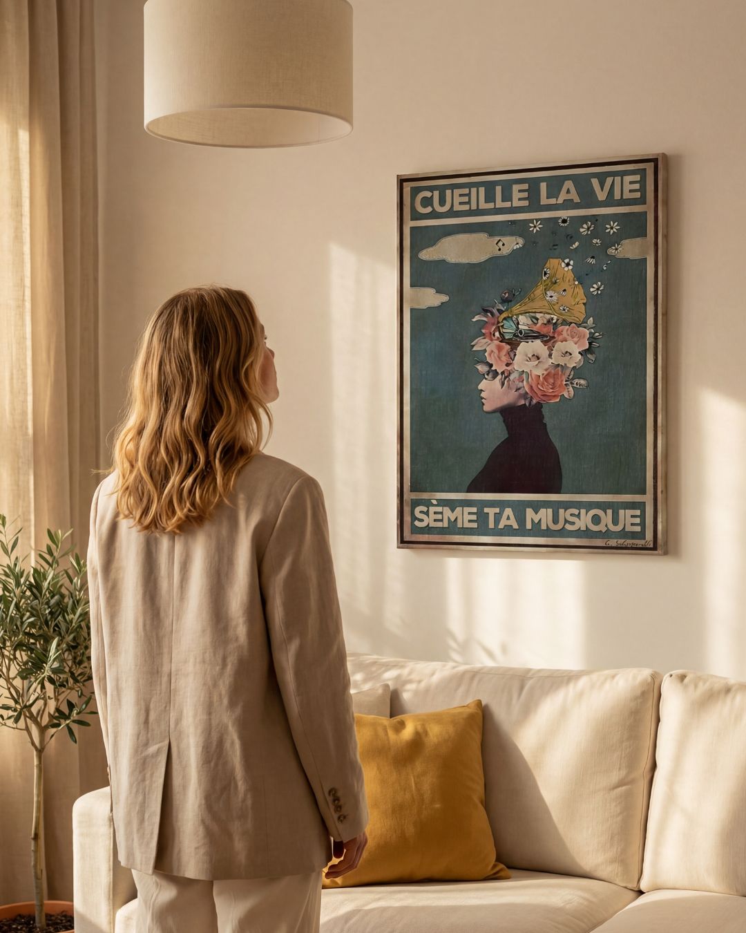 « Cueille la vie, sème ta musique » — dimensions et échelle de la toile dans un intérieur