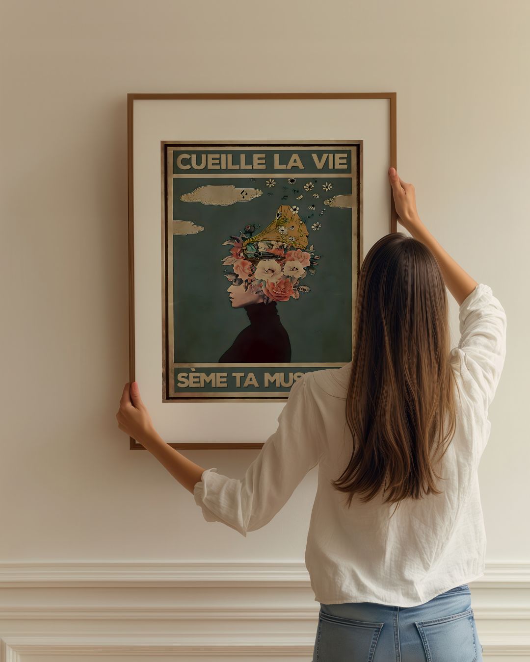« Cueille la vie, sème ta musique » — installation de l’œuvre dans un intérieur / artwork installation in a home