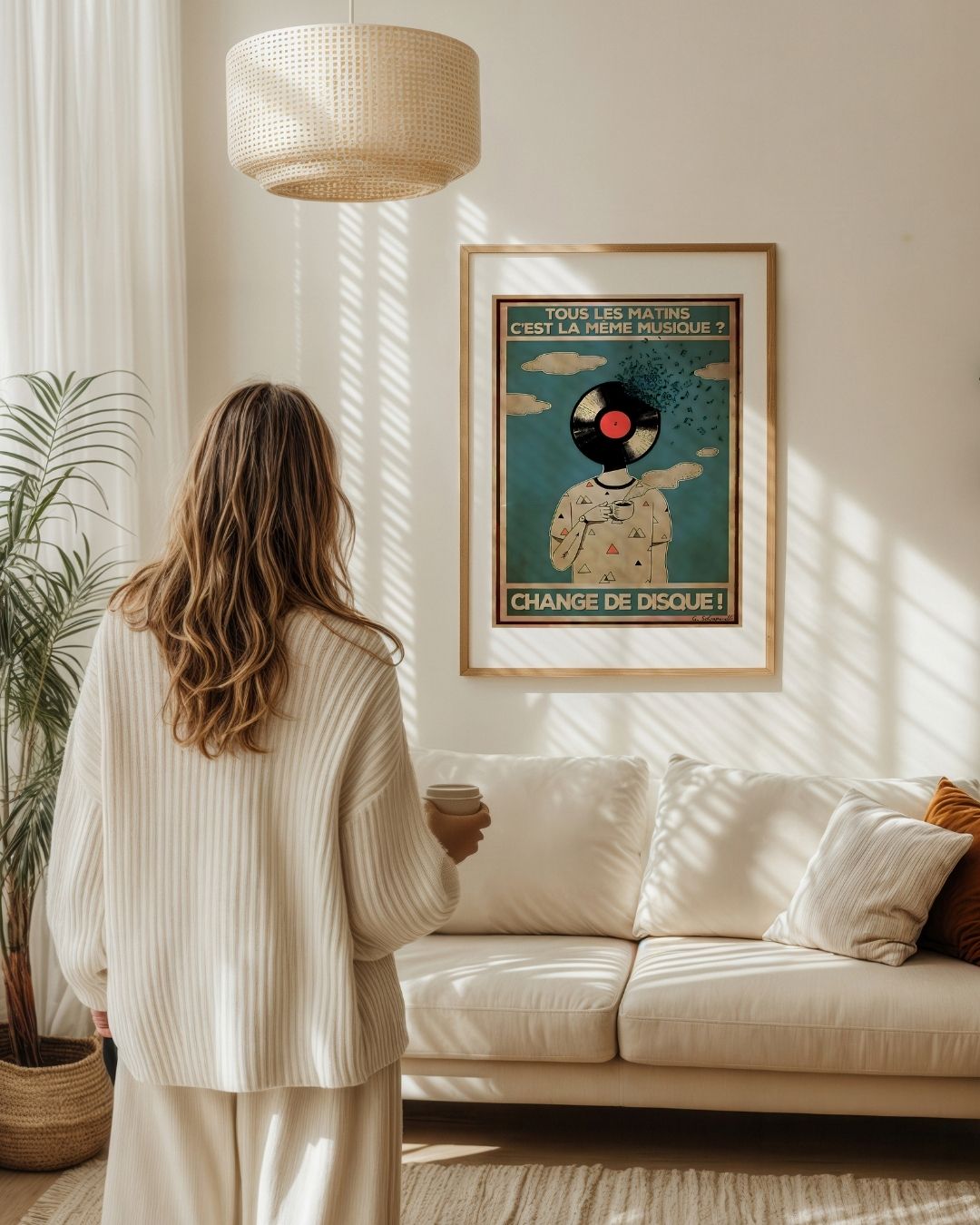« Tous les matins c'est la même musique? Change de disque! » — échelle de l’œuvre dans un intérieur / artwork scale in a home
