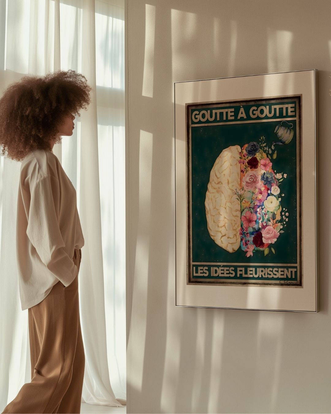 « Goutte à goutte les idées fleurissent » — échelle de l’œuvre dans un intérieur / artwork scale in a home