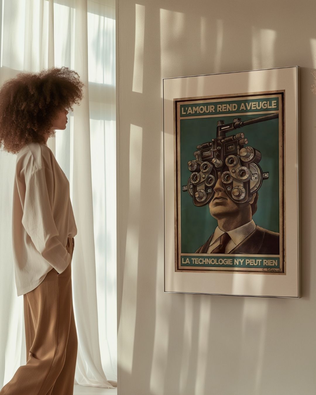 « L'amour rend aveugle, la technologie n'y peut rien » — échelle de l’œuvre dans un intérieur / artwork scale in a home