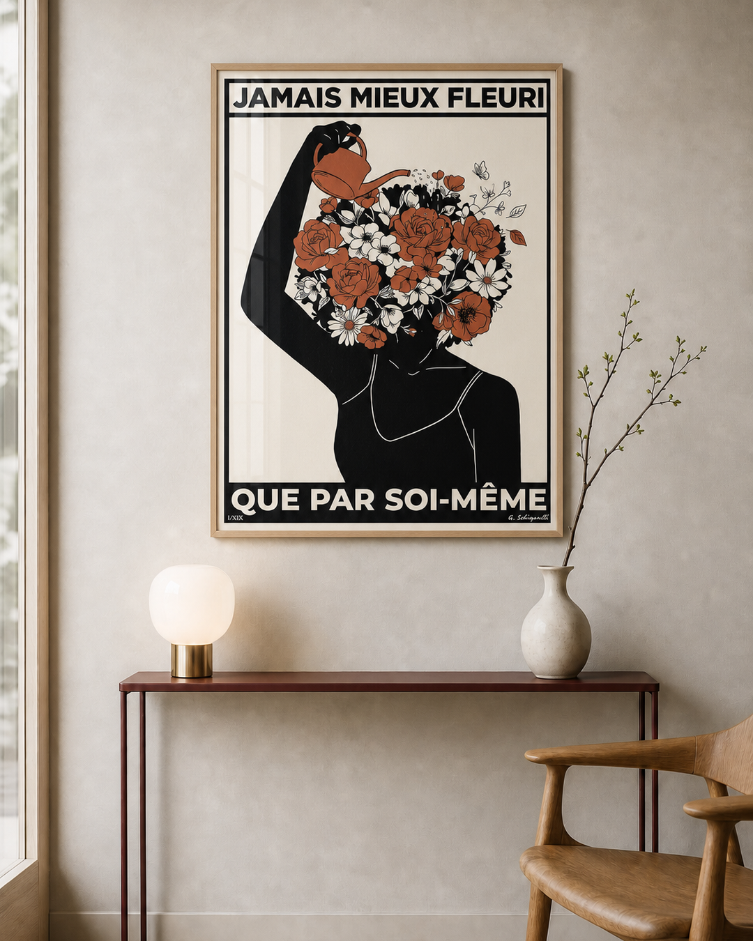 « Jamais mieux fleuri que par soi-même — Atelier » — Art print encadré sous verre, mise en situation 1