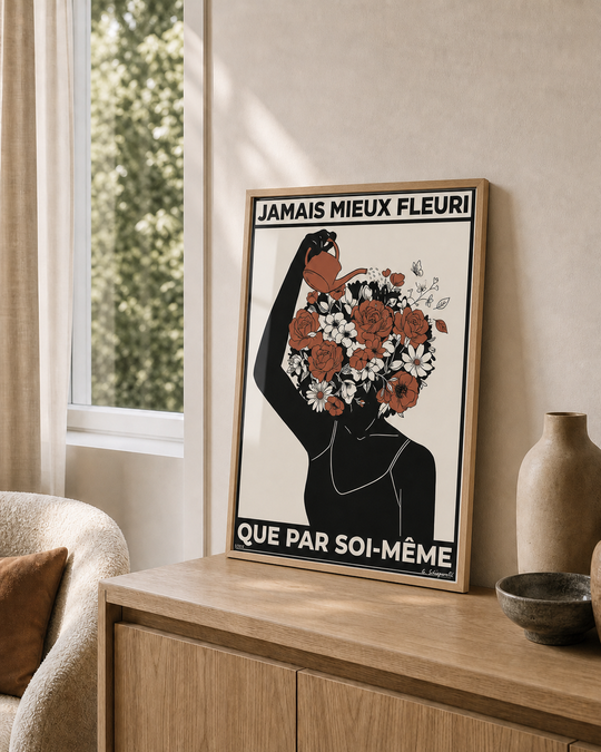 « Jamais mieux fleuri que par soi-même — Atelier » — Art print encadré sous verre, mise en situation 2