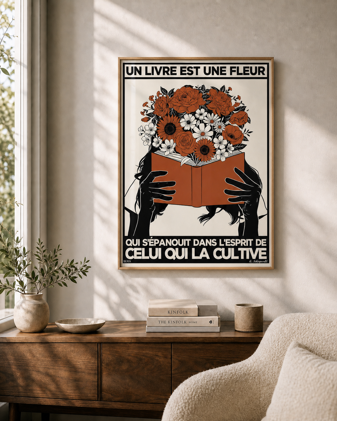 « Un livre est une fleur qui s'épanouit dans l'esprit de celui qui la cultive — Atelier » — Art print encadré sous verre, mise en situation 1