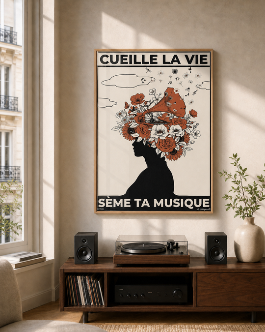 « Cueille la vie, sème ta musique — Atelier » — Art print encadré sous verre, mise en situation 1