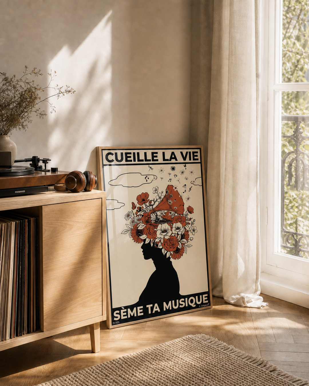 « Cueille la vie, sème ta musique — Atelier » — Art print encadré sous verre, mise en situation 2