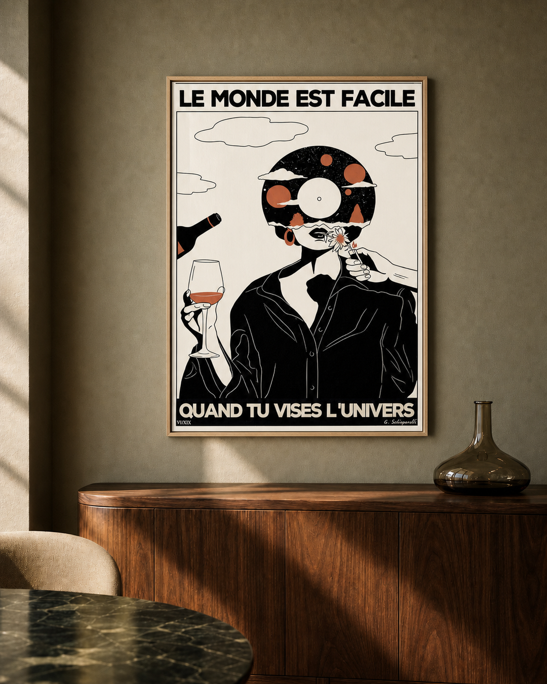 « Le monde est facile quand tu vises l'Univers — Atelier I » — Art print encadré sous verre, mise en situation 1
