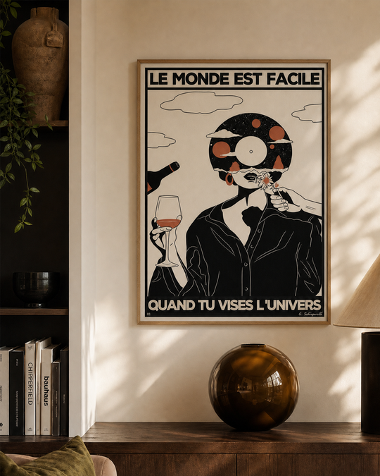 « Le monde est facile quand tu vises l'Univers — Atelier I » — Art print encadré sous verre, mise en situation 2