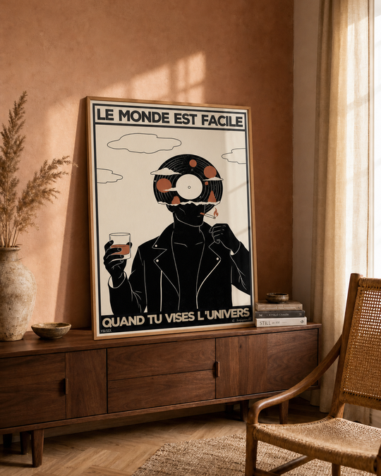 « Le monde est facile quand tu vises l'Univers — Atelier II » — Art print encadré sous verre, mise en situation 2