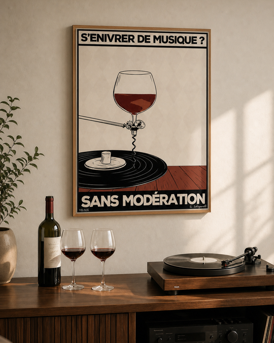« S'enivrer de musique? Sans modération — Atelier » — Art print encadré sous verre, mise en situation 1