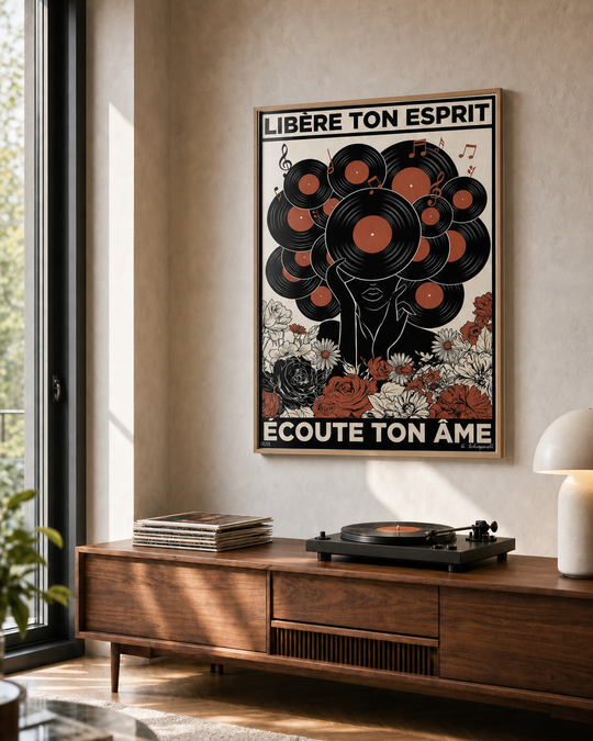 « Libère ton esprit, trouve ton âme — Atelier » — Art print encadré sous verre, mise en situation 1