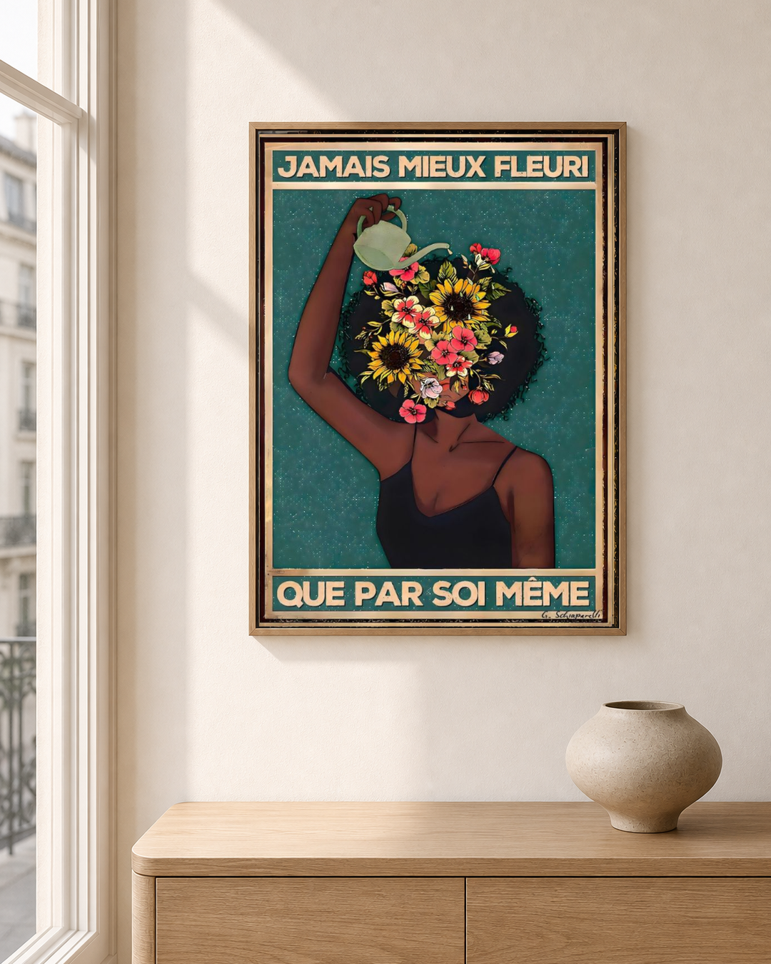 « Jamais mieux fleuri que par soi-même » — Art Print encadré sous verre, mise en situation 1