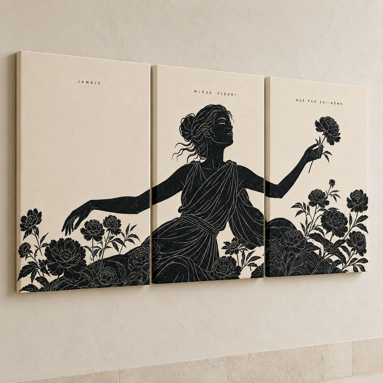 Triptyque Fleuri complet sur châssis, vue oblique montrant la profondeur