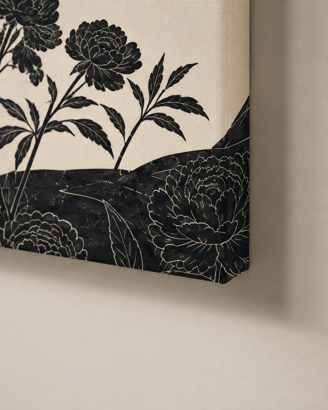 Détail de la toile lin-coton du Triptyque Fleuri et continuité de l’impression sur le châssis