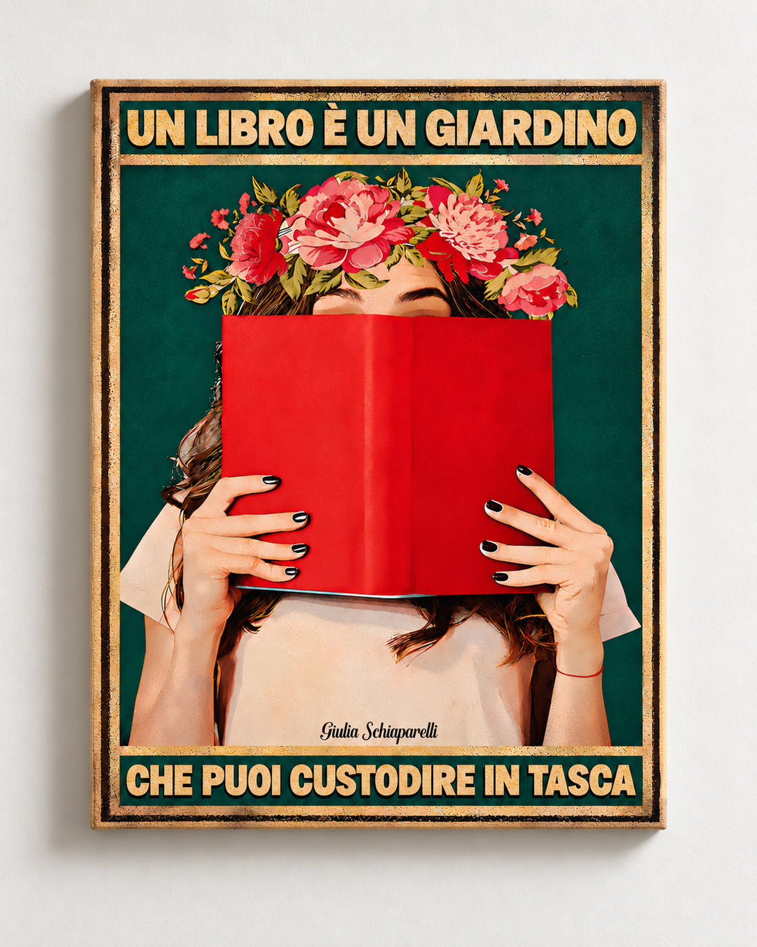 Un libro è un giardino che puoi custodire in tasca – illustrazione con testo in italiano, immagine 1