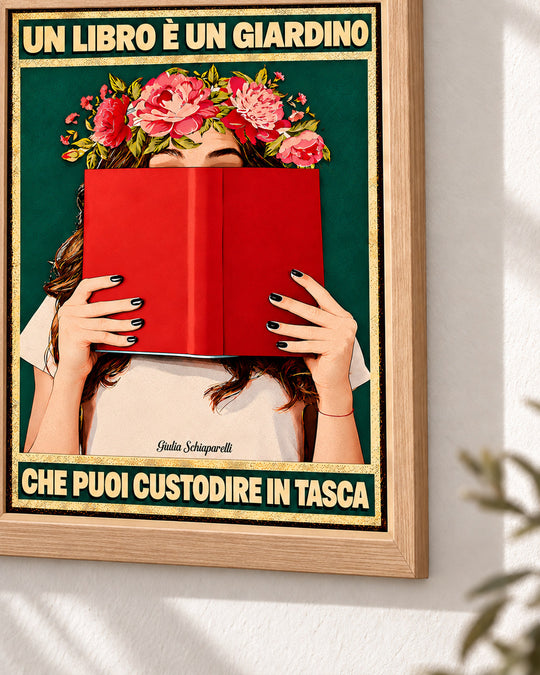 Un libro è un giardino che puoi custodire in tasca – illustrazione con testo in italiano, immagine 5