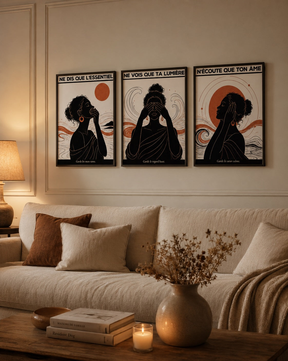 Triptyque Giulia dans un salon chaleureux en lumière douce