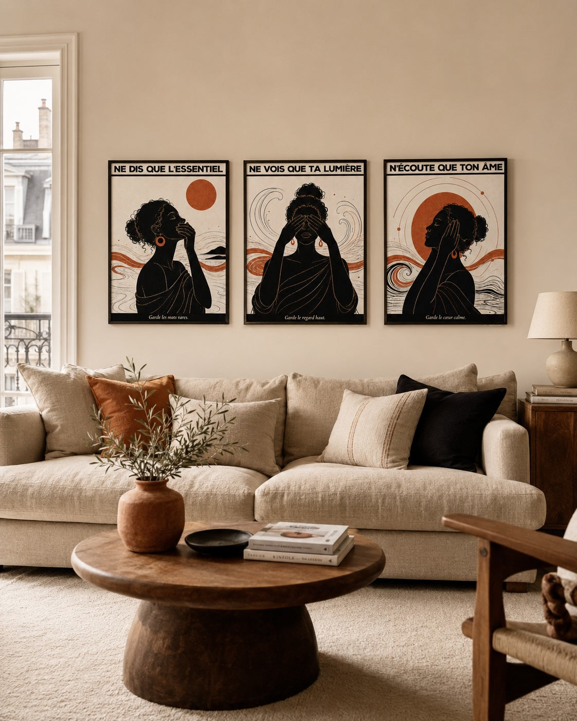 Triptyque Giulia Schiaparelli encadré dans un salon chaleureux