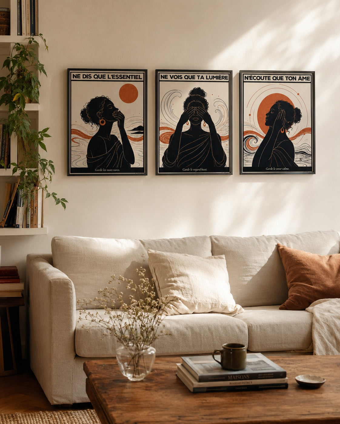 Triptyque encadré au-dessus d'un canapé beige
