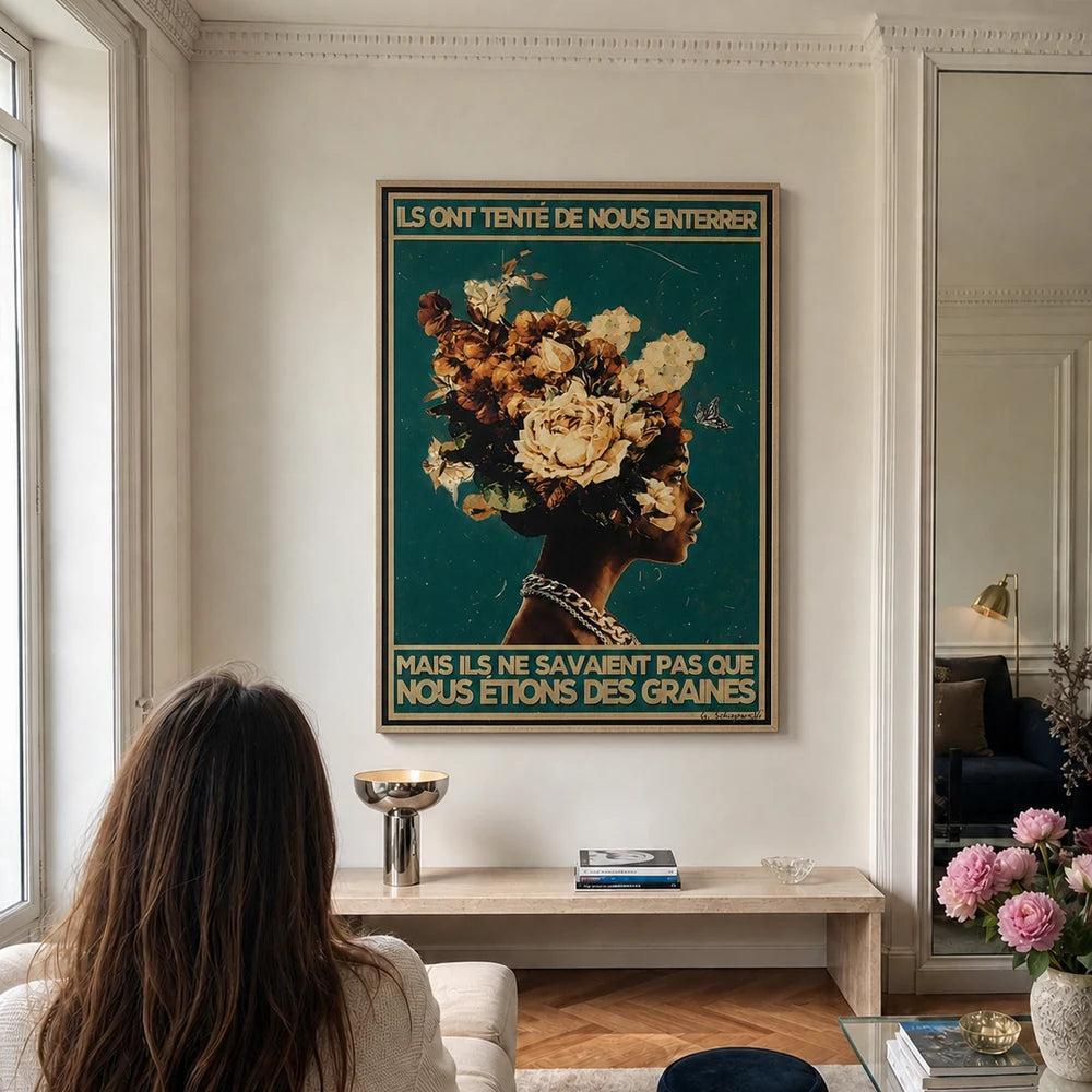Mise en scène d’un salon contemporain avec la toile Ils ont tenté de nous enterrer
