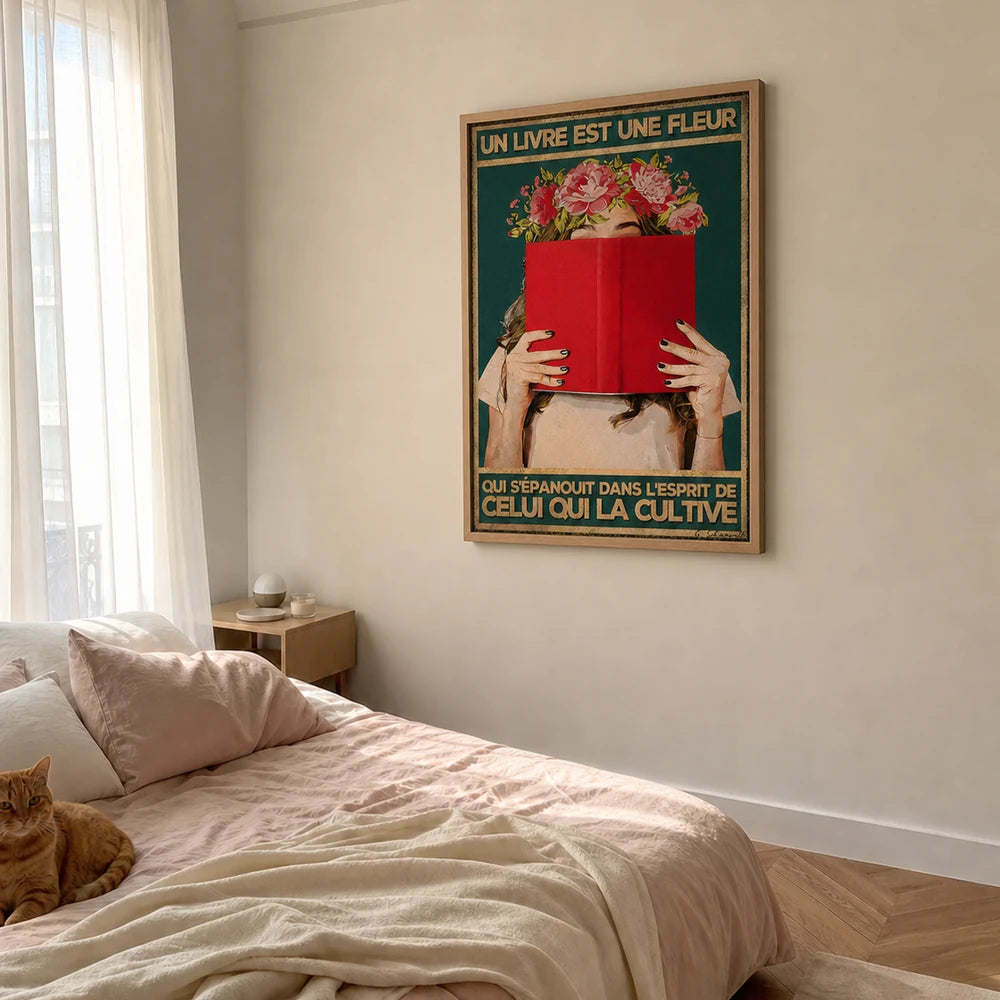 Mise en scène d’une chambre solaire avec la toile Un livre est une fleur
