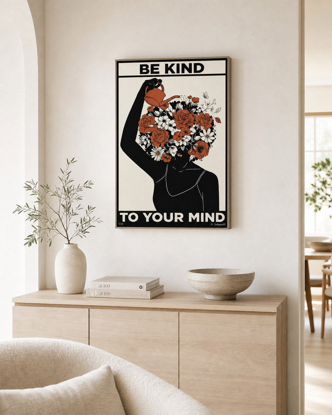 Be Kind to Your Mind canvas on a luminous white wall