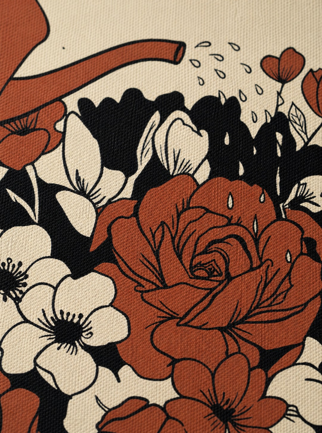 Close-up of terracotta, black and cream matte ink on Atelier canvas